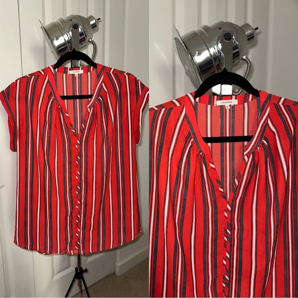 Nordstrom Blouse Pleione Red Grey Stripe detail with Short Sleve like New - Picture 1 of 11